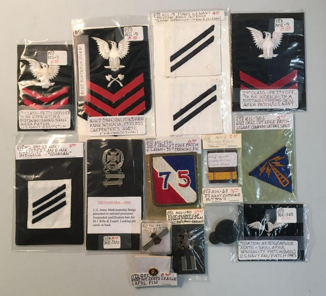 Group of 14 US Army and Navy Patches and more: Includes WW2 original cut edge patch, army marksmanship badge, 1940 civil air patrol pin, aviation aerographer mate patch and more