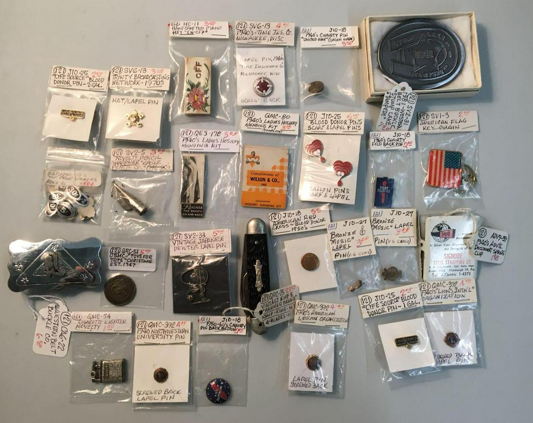 Group of Vintage Advertising Pins and more: Includes belt buckles, screw back lapel pins, lamp king knife, mending kits and more