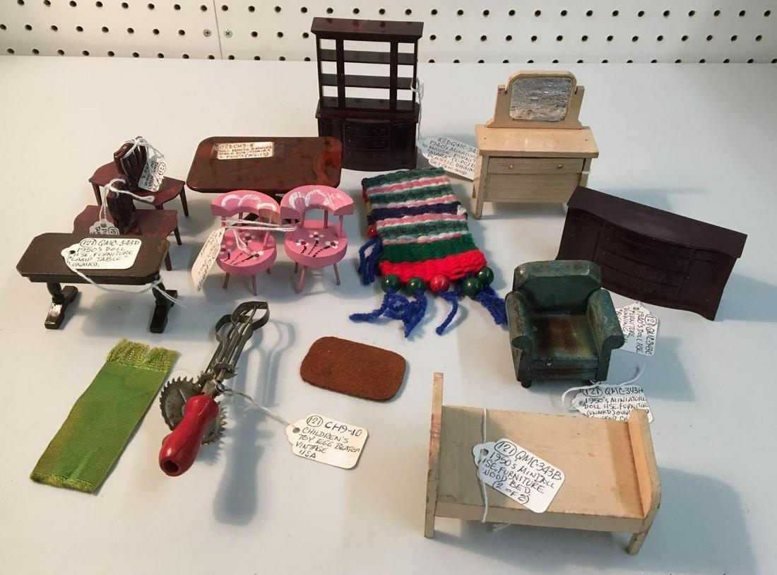 Group of Vintage Dollhouse Furniture: Includes renwal dining table with 4 chairs, Marx buffet cabinet, wood furniture and more