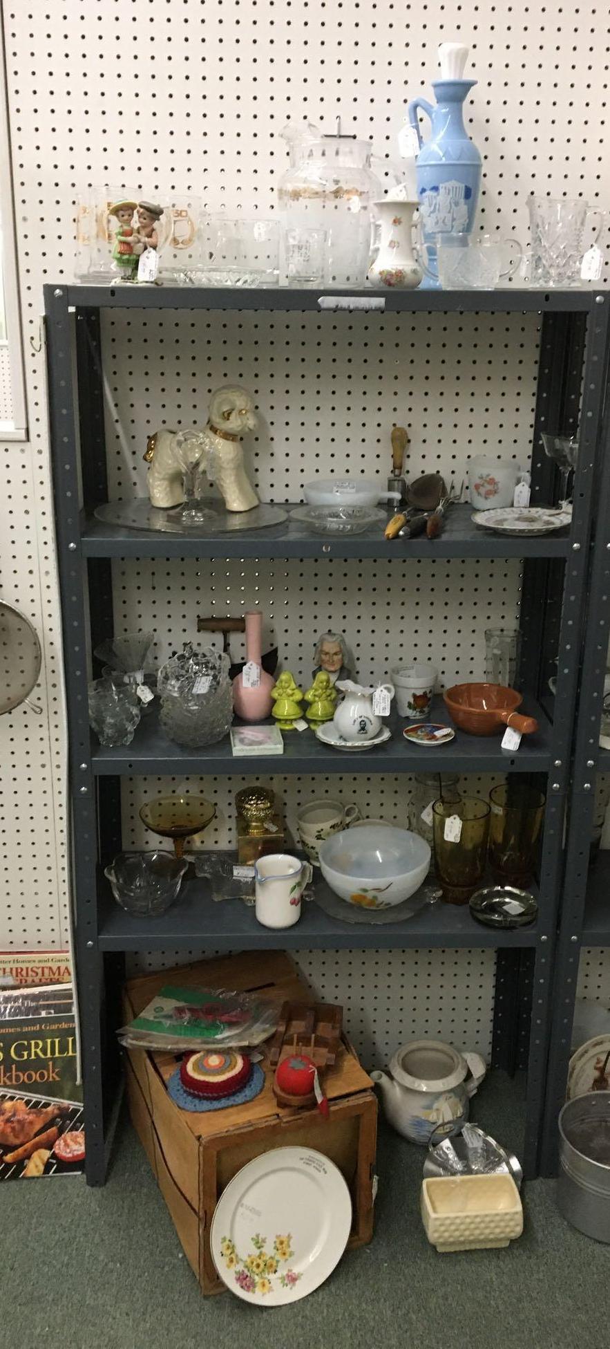Group of 5 Antique/Vintage Shelf lots: Sorry no shipping on this lot. Includes lamb planter, fire king Handpainted bowl, chopper with 2 blades and more