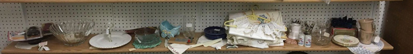 Antique/Vintage Shelf lot: Sorry no shipping on this lot. Includes Royal Albert English garden dessert tray, Coca-Cola bowl, linens, and more