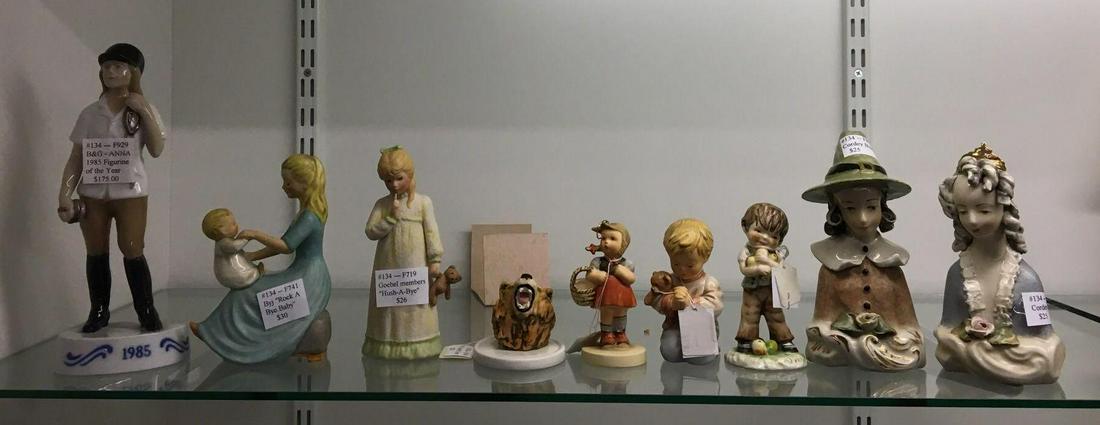 Shelf lot of 9 Vintage Figurines: Sorry no shipping on this lot. Includes Hummel Rock a bye baby, boy praying, lion head, man and women cordey busts, B and G Anna and more largest is 9 inches tall