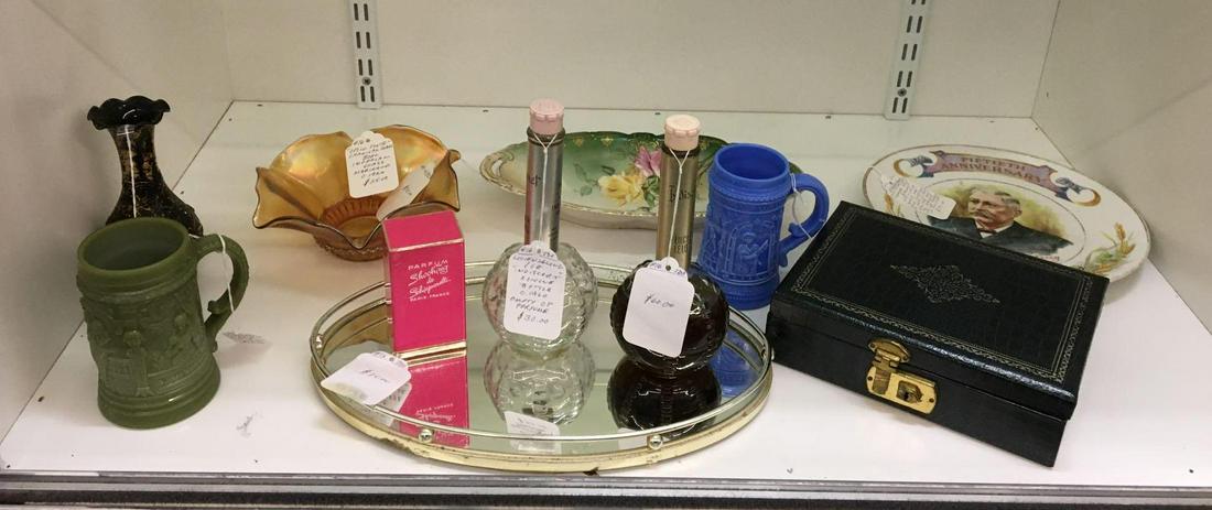 Shelf lot of 11 Antique/Vintage Miscellaneous Items: Includes cologne bottles, carnival glass optic flute bowl, jewelry box, 2 serenade mugs and more
