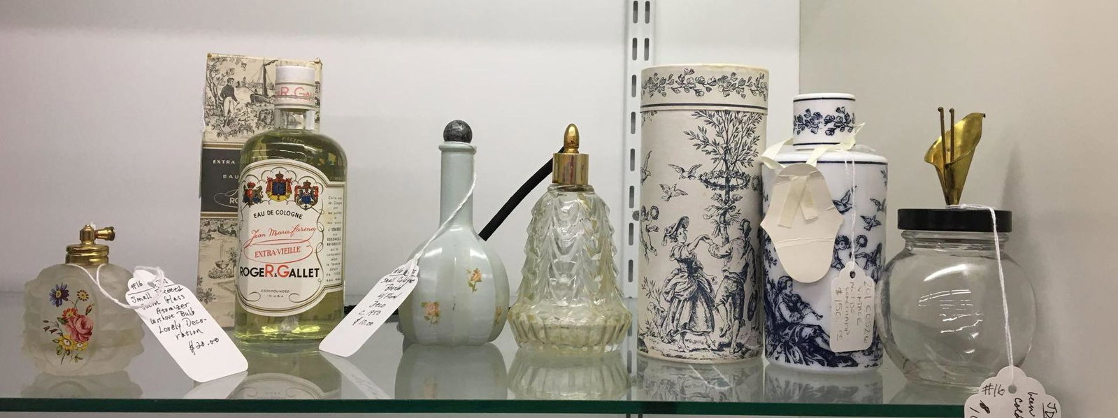 Group of 6 Antique/Vintage Cologne Bottles: Includes De Longchamp Lubin paris jar with original box, full Rodger Gallet Cologne with original box, Handpainted bottle and more