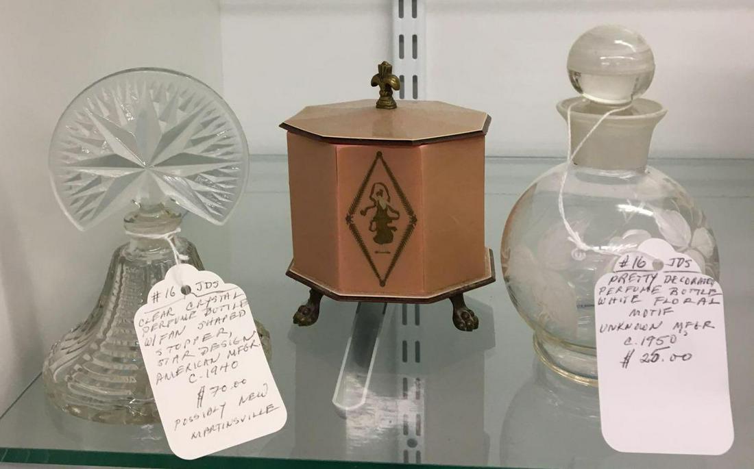 Group of 3 Vintage Perfume Bottles: Includes clear glass with white Handpainted floral design, clear crystal with fan shaped stopper and celluloid powder box