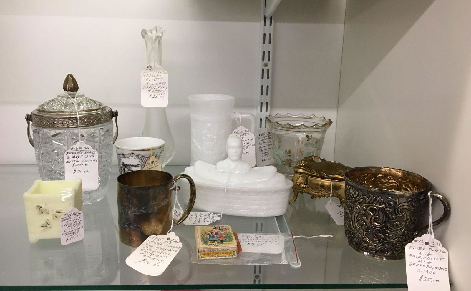 Shelf lot of Antique/Vintage Miscellaneous Items: Includes bees on basket toothpick holder, Matchbox with matches, Childs SilverPlate cup, biscuit jar and more