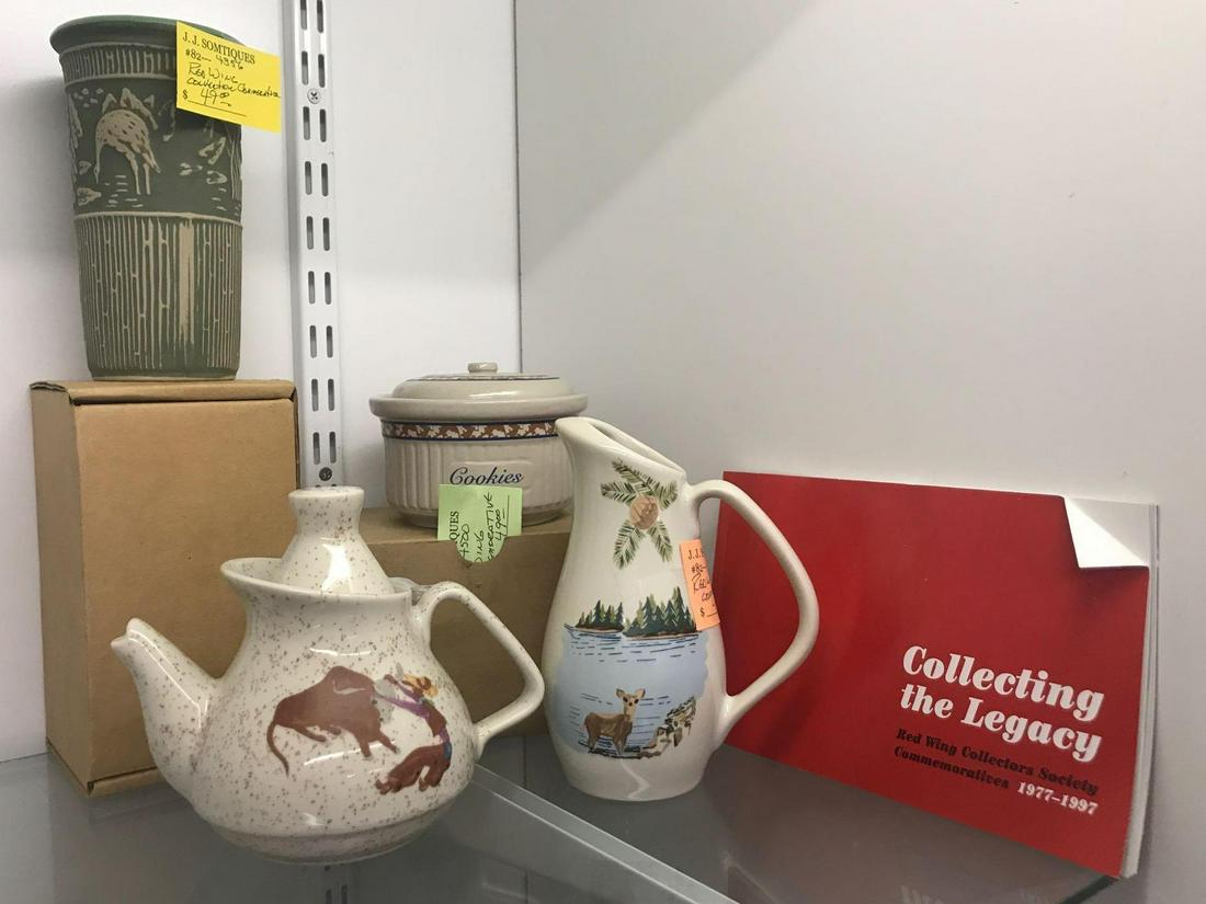 5 piece Red Wing Pottery group: 4 commemorative pieces and collectors guide