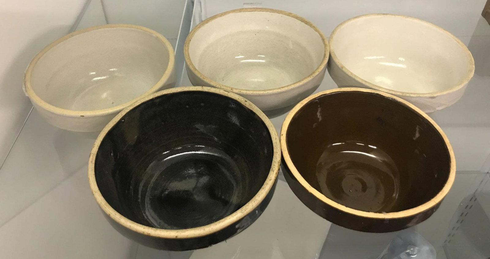 Group of 5 small stoneware bowls: Red Wing, Bordo, and Club House. Largest is 5.25 inches.