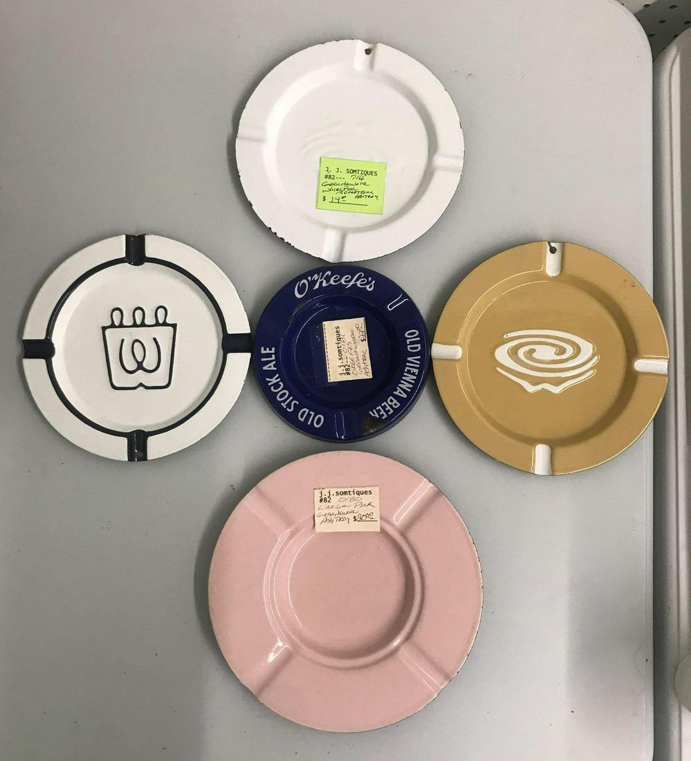 Group of 5 vintage enamel ware advertising ashtrays: Largest is 9 inches