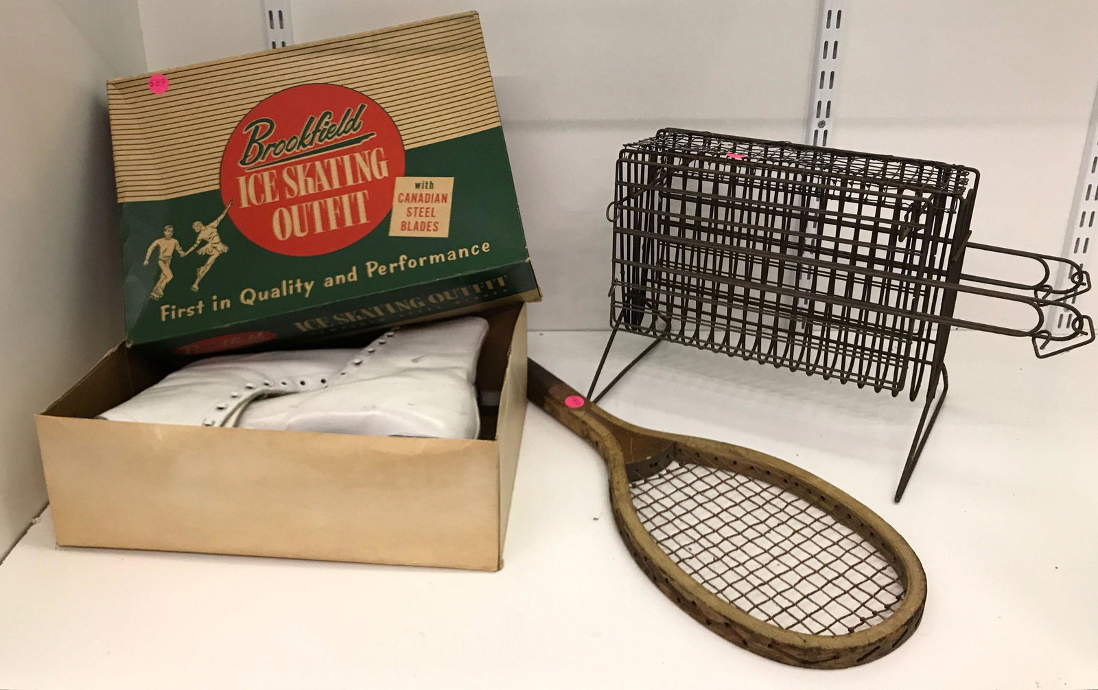 Antique Sports collectibles: Ice skates with box wooden tennis racket