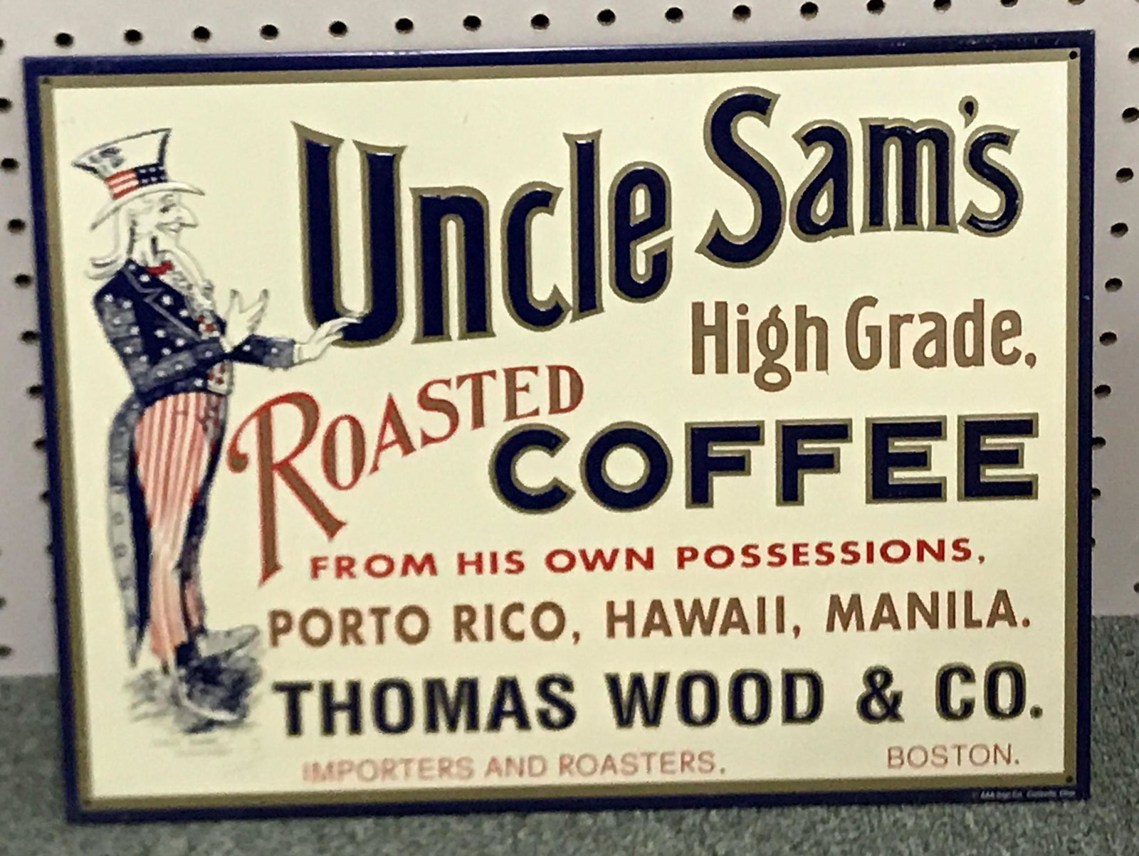 Uncle Sams high-grade roasted coffee metal sign: 16 x 12 inches AAA Sign Co. 1991