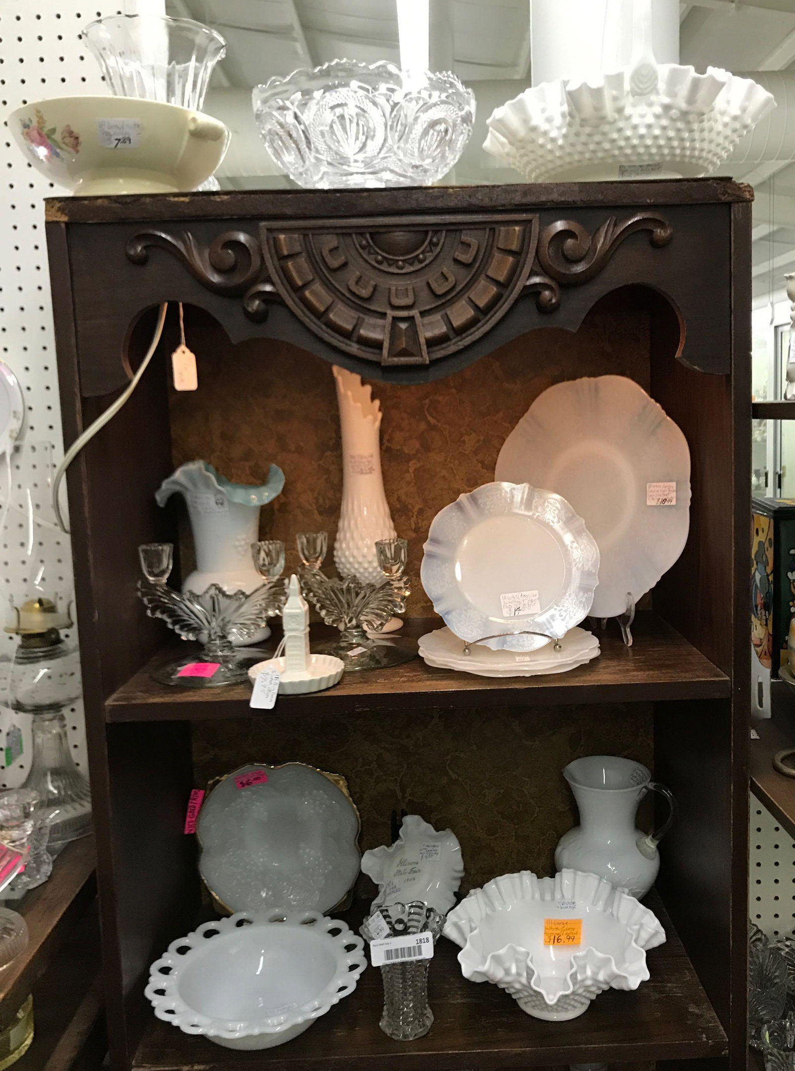 Group of 20 vintage antique collectible glass: Sorry No shipping on this lot. White American sweetheart dessert plates with serving platter dual candleholder pair milk glass Big ben trinket dish Illinois state fair 1956 glass bowl