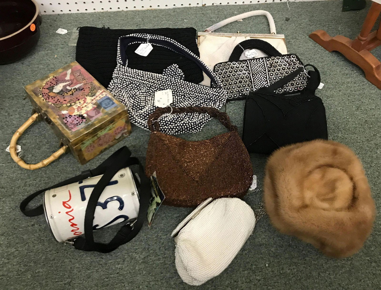 Group of 10 vintage antique collectible pures and hat: HG Mink hat rhinestone purse beaded purses box purse California license plate purse