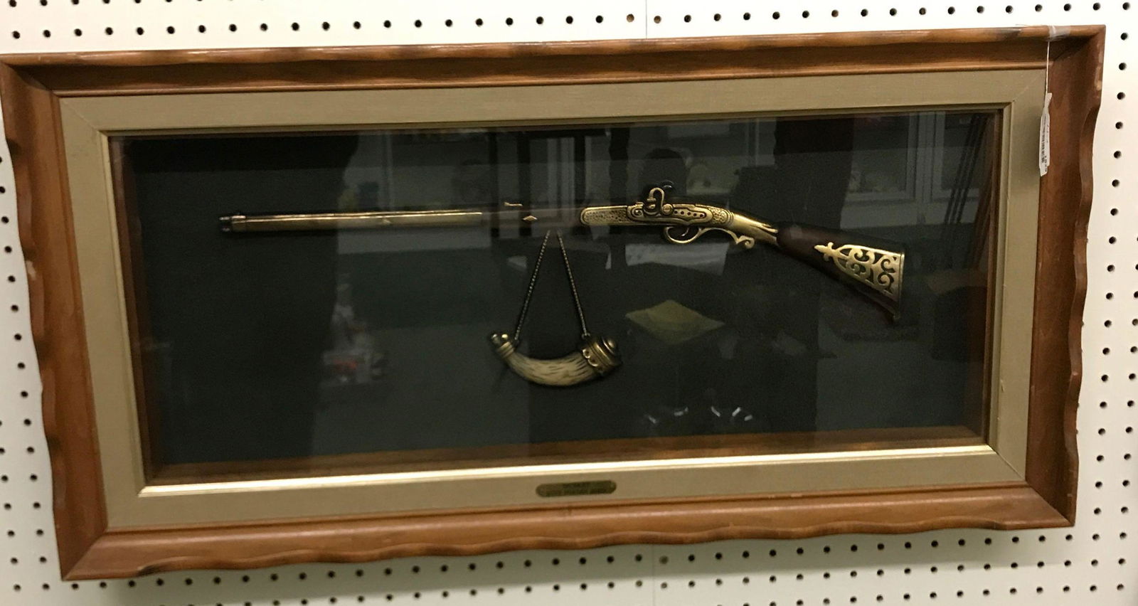 Vintage Musket with Powderhorn shadowbox art: Musket with Powderhorn replica 34 x 3 x 17 inches