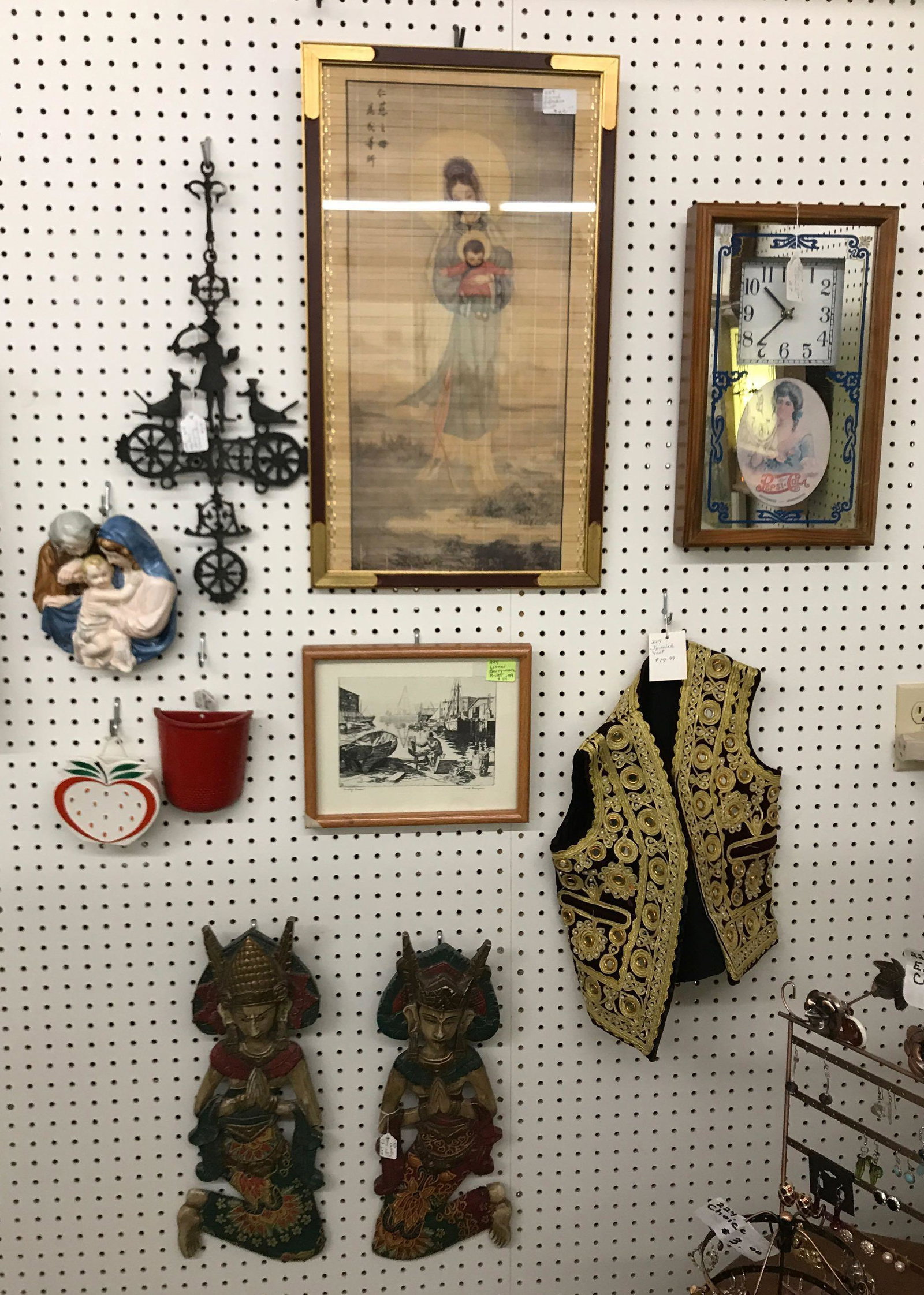 Group of 10 vintage antique collectible items: Sorry No shipping on this lot. Signed bamboo print framed 24 x 14 inches Jeweled Vest Wall pockets Siam wood wall hangers 18 x 7 inches each