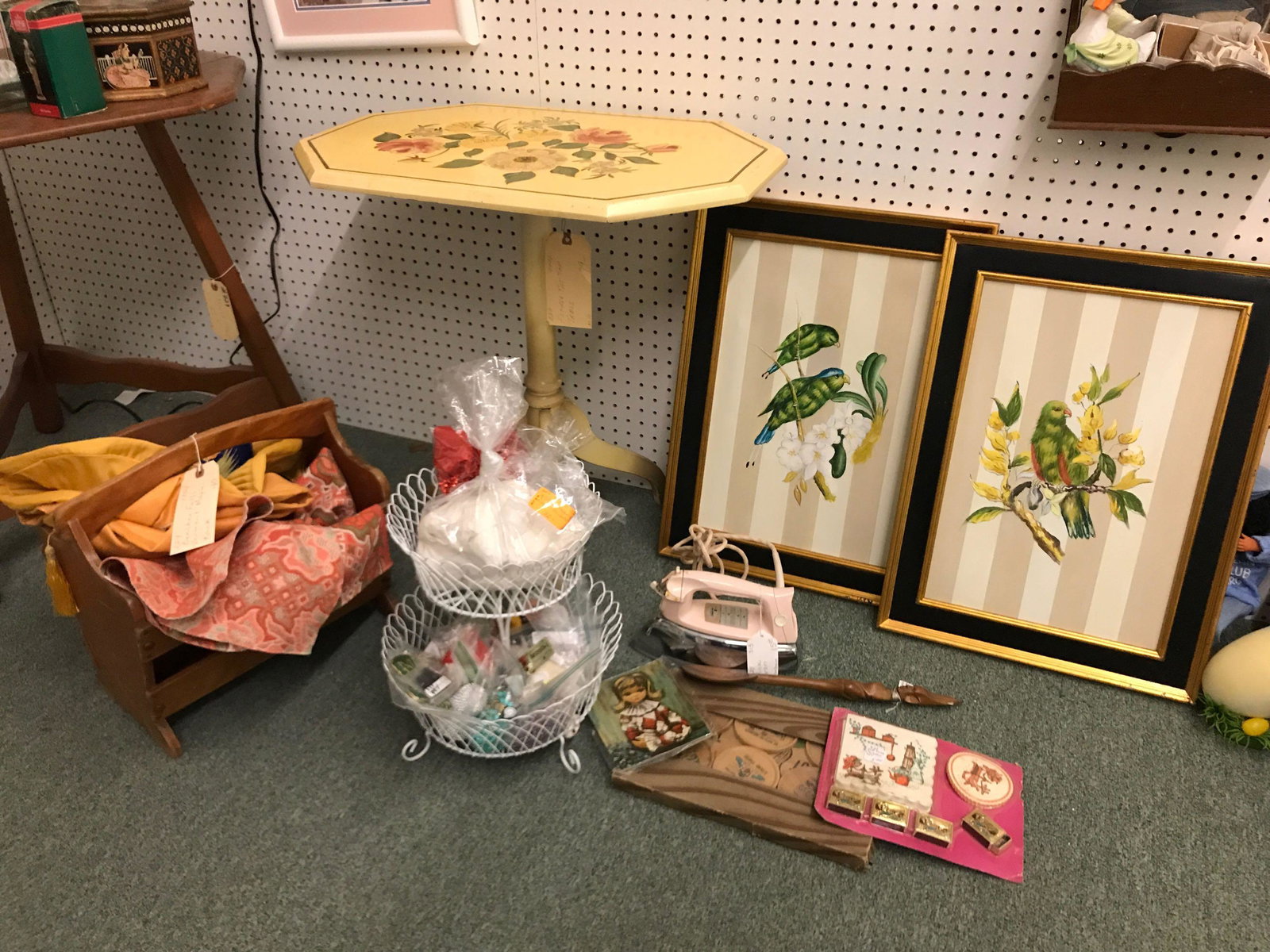 Group of 20 plus vintage antique collectible items: Sorry No shipping on this lot. Hand painted Urn 16 x 7 inches glass dolphin statue 12 inches painted wood box wood bowl glass dish. Two earring carousels With multiple earrings included.
