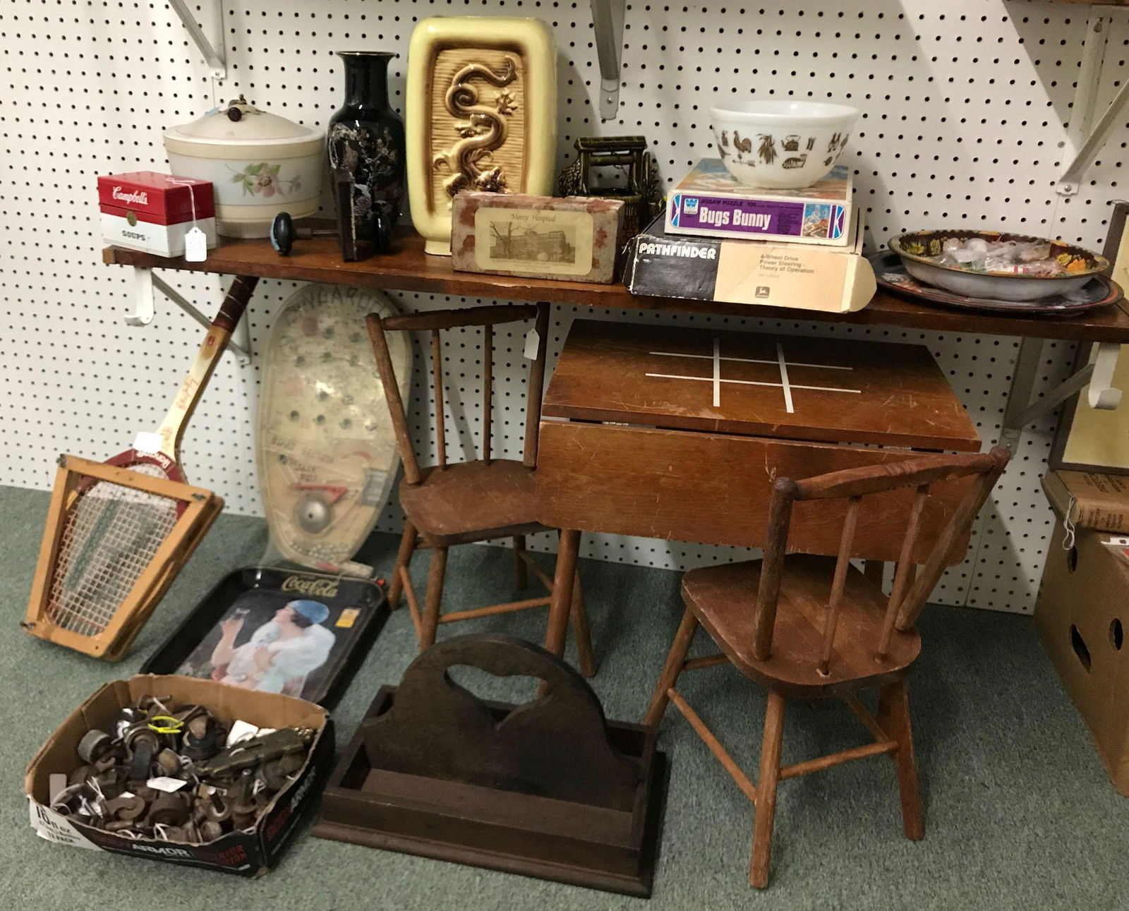Group of 20 plus vintage antique collectible items: Sorry No shipping on this lot. Childs TicTacToe table 19 x 18 inches and chairs 19 inches multiple casters wheels Tin trays floral light fixture large dragon vase Campbell Soup recipe box bugs bunny j