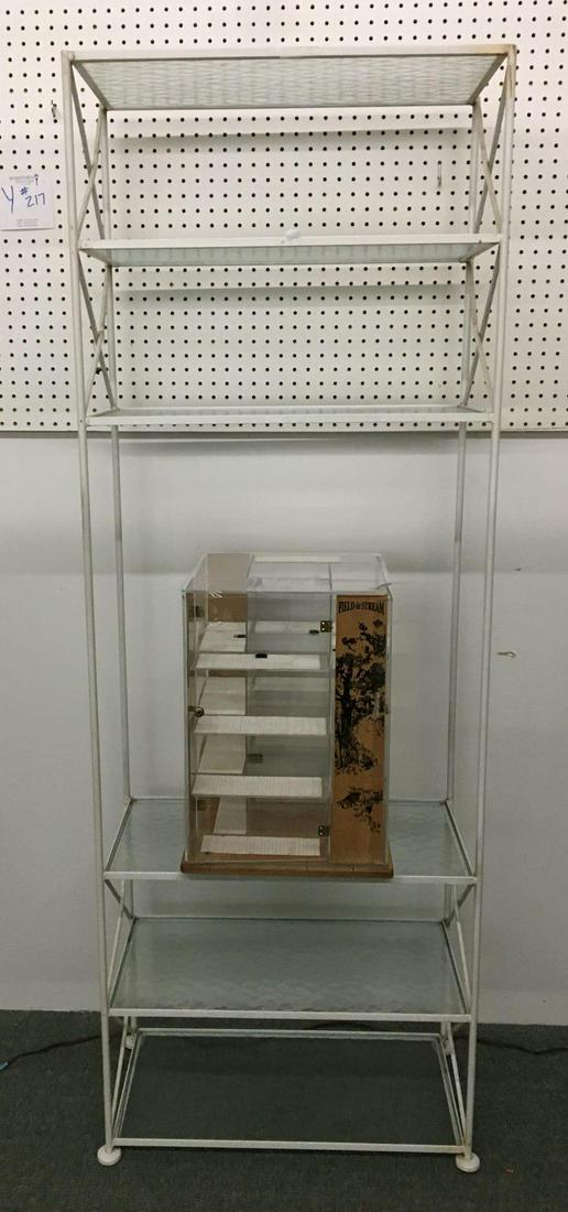Metal shelf and small display cabinet: Metal and glass shelving is 25 x 71 x 12 inches and small display case is 13 square 19 inches tall. No shipping available, pick up only