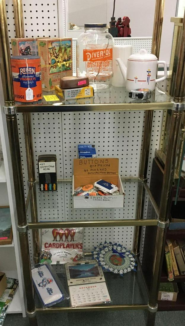 Shelf lot of Antique/Vintage Miscellaneous Items: Sorry No shipping on this lot. Includes stereo view cards, sports and political pin backs, celluloid Indian, advertising and more
