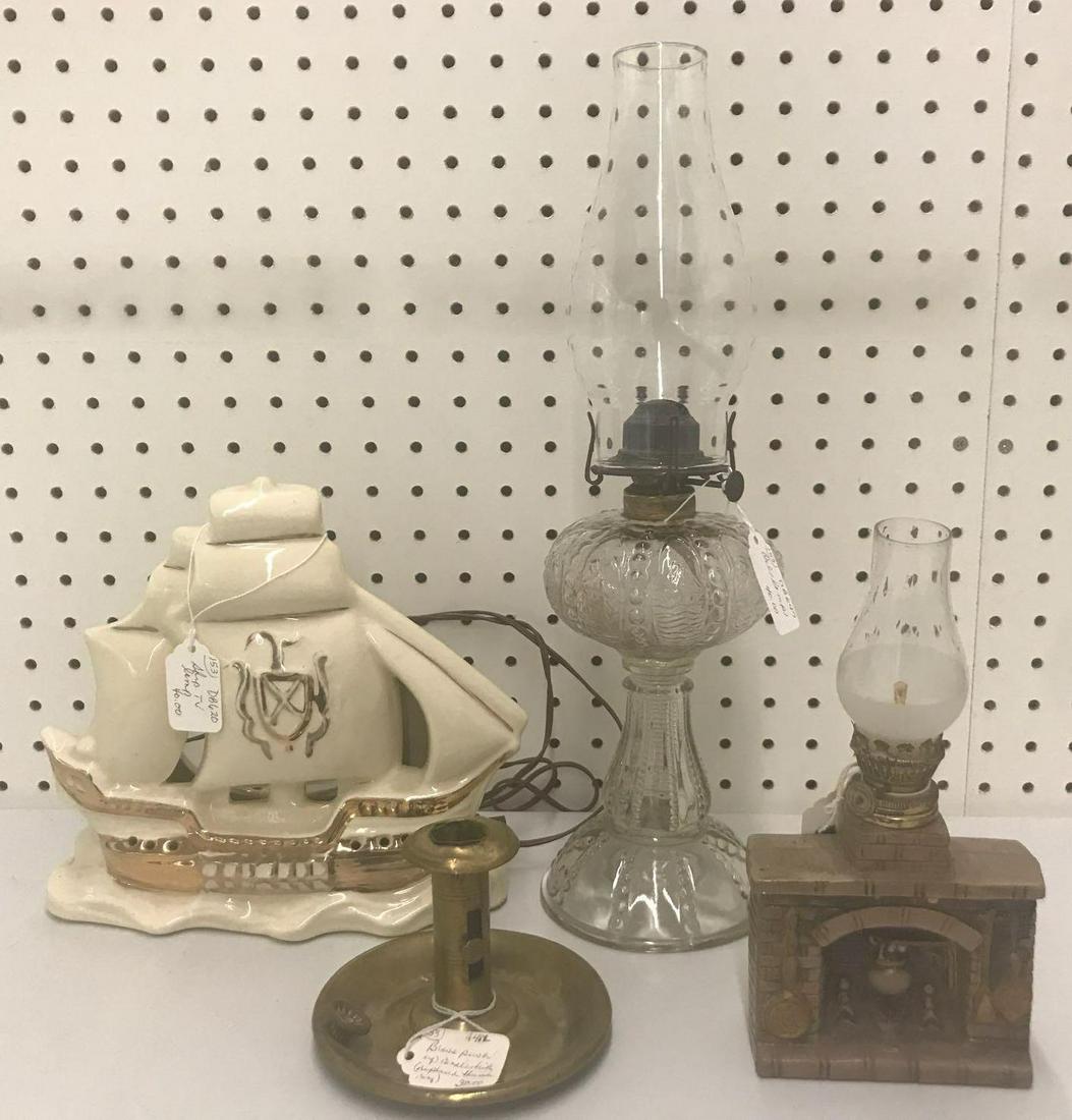 4 piece group antique and vintage lighting pieces: Electric lamp is untested. Largest is 16.25 inches