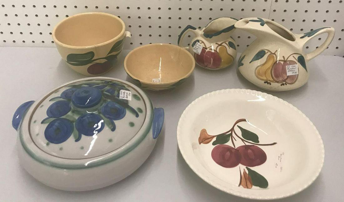 6 piece group vintage to modern pottery: Puritan, Blue Ridge, MA Hadley, and Watt. Largest is 10 inches.