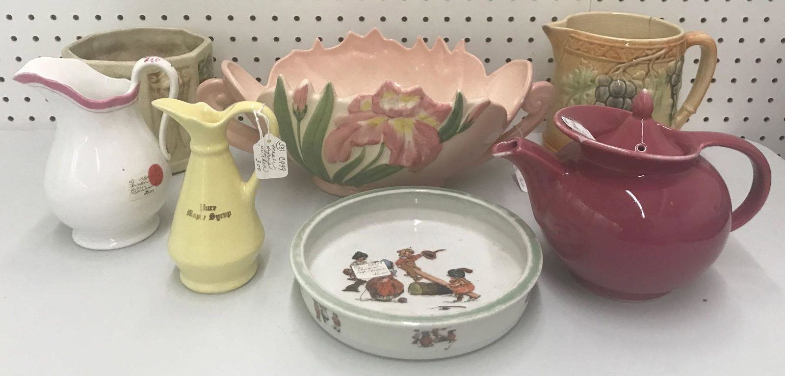 7 piece group assorted antique to modern pottery: Sorry No shipping on this lot. Roseville, Hall, Camark, and more. Largest is 14 inches