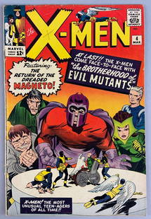 Marvel Comics X-Men No. 4 Comic Book: 1st Appearance of Quicksilver (Pietro Maximoff), Scarlet Witch (Wanda Maximoff), Toad (Mortimer Toynbee) and Mastermind (Jason Wyngarde), Brotherhood of Evil Mutants Appearance, March 1964, Vol. 1