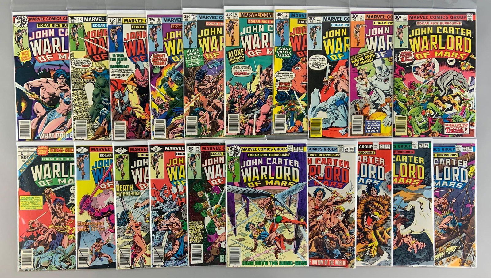 Group of 20 Marvel Comics John Carter Warlord of Mars: Includes No. 1-3, 5-7, 9, 10, 13, 17, 19-24, 26-28, and King Size Annual No. 1, 1977-79, Bronze Age, $.35, $.40, and $.50, Bagged and Boarded