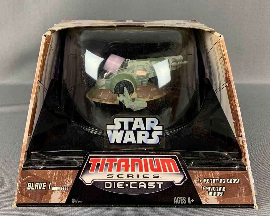 Star Wars titanium series diecast Boba Fetts slave one: New in original packaging, some shelfware