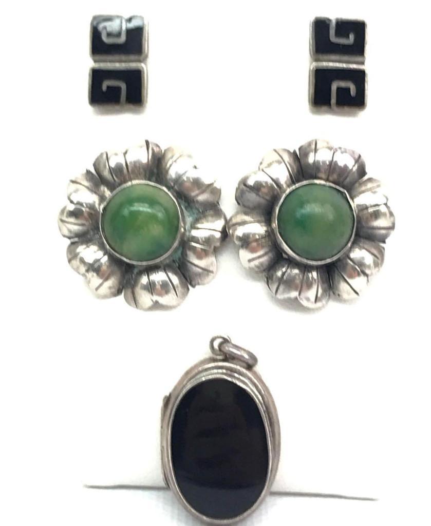 Sterling Silver, Nephrite, and Onyx : Earrings and: Collection features a vintage pair of sterling silver and nephrite earrings (1-1/8 x 1-1/8 inch); modern design onyx; and a handsome 1 x 3/4 inch sterling silver and onyx locket. Both pairs of earring