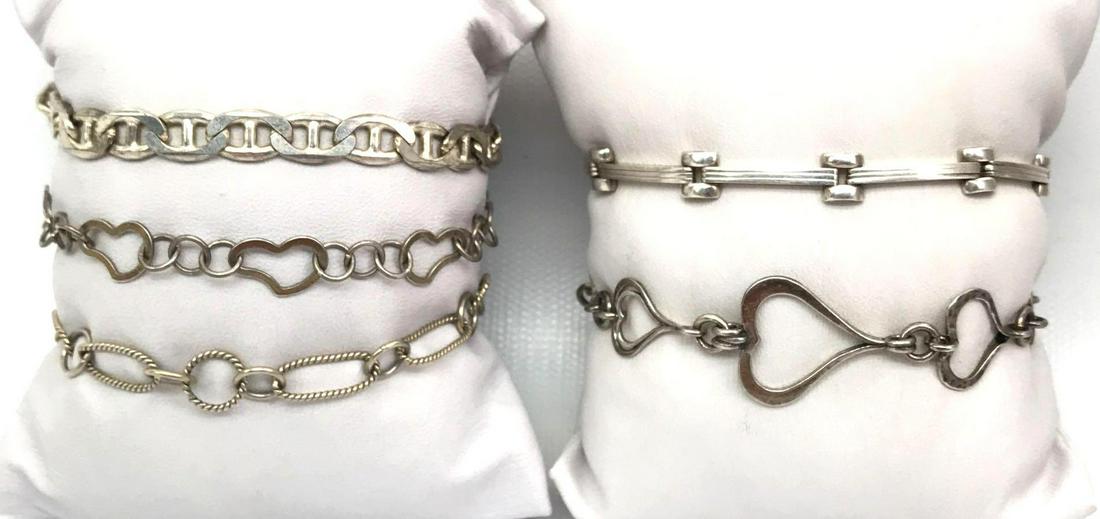 Lot of 5: Vintage Sterling Silver Chain Bracelets -: Lot of 5: Vintage Sterling Silver Chain Bracelets - Heart, Nautical, Fine Links and Modern. All of the vintage sterling silver bracelets in this lot measure approx. 7-1/2 inches and secure with lobste
