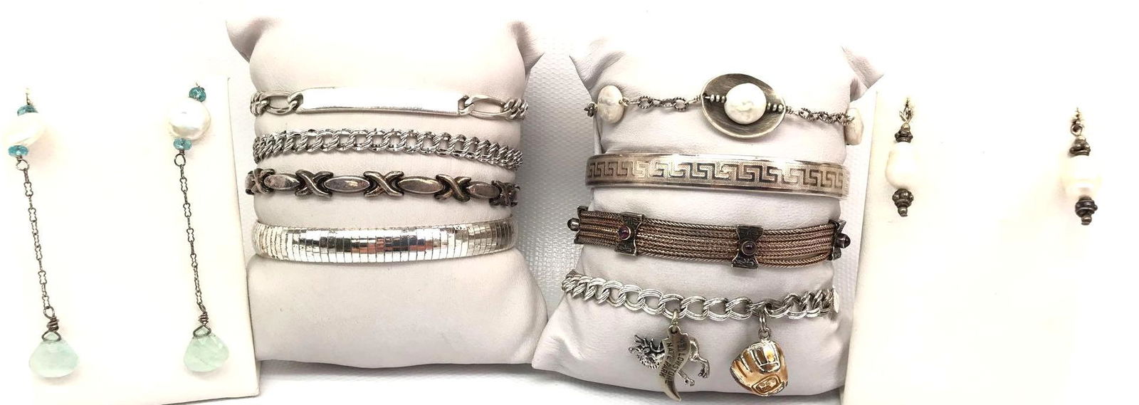 Sterling Silver Bracelet and Earring Collection -: Lot contains eight sterling silver bracelets and two pairs of sterling and pearl earrings. The sterling silver chain bracelets all measure 7 inches; the sterling silver hinged bandle has a 2-1/2 inch