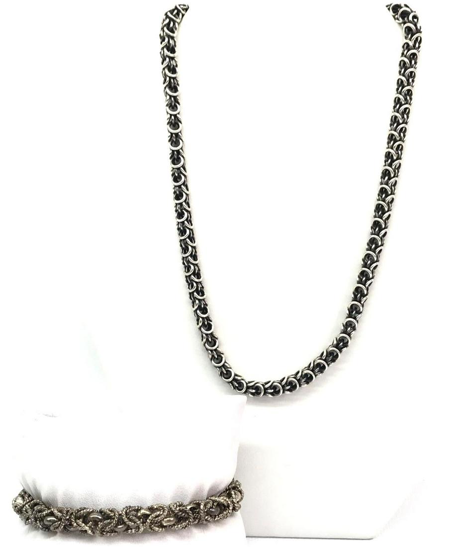 Sterling Silver Byzantine Link Necklace and Bracelet: Two attractive variations of a Byzantine link are features in this lot. The 8 inch bracelet's links are textured sterling silver and boldly styled. The 18-1/2 inch Byzantine link necklace promotes a c
