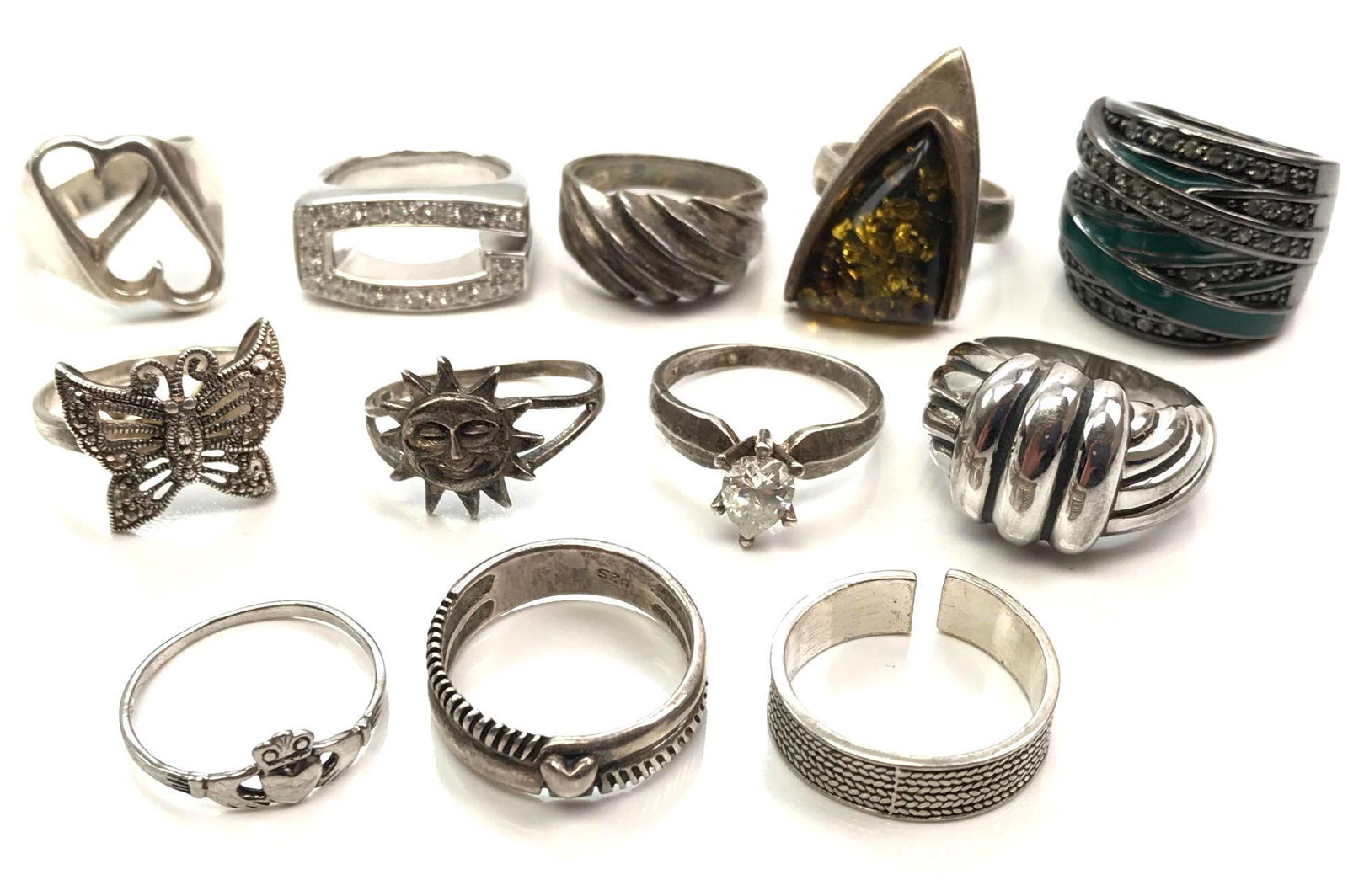 Lot of 12 Sterling Silver Rings: Size 7 - Enamel Cross: Sterling silver size 7 ring collection features wide bands, marcasite, sleek forms, and more; 79.2g