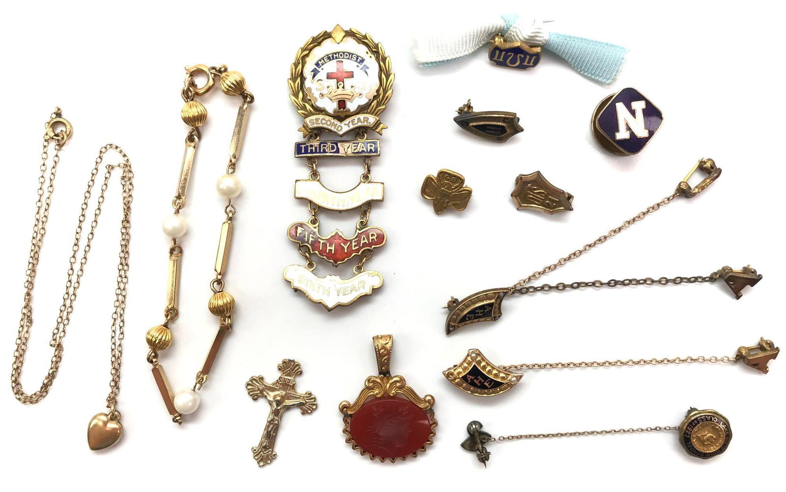 12k Yellow Gold Heart, Carved Carnelian Pendant, Lapel: 12k Yellow Gold Heart, Carved Carnelian Pendant, Lapel Pins + More! This extensive collection includes a 6-1/2 inch gold bead and pearl bracelet; 1 x 5/8 inch crucifix; tiny (1/4 x 1/4 inch) 12k yello