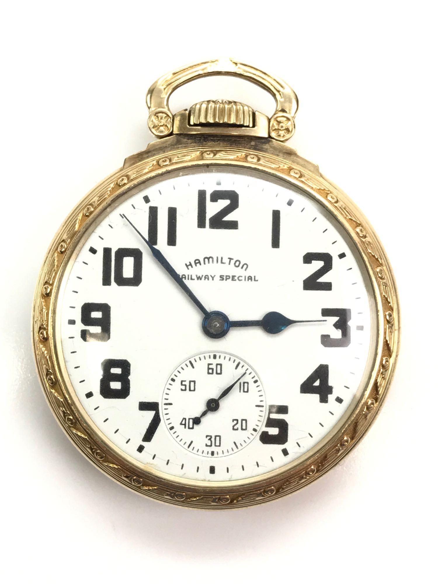 Hamilton Railway Special Open Face Pocket Watch -: Hamilton Railway Special Open Face Pocket Watch (1945) - C209954; Grade 992B; 16s; 21j; attractive 10k gold filled case; watch is not running