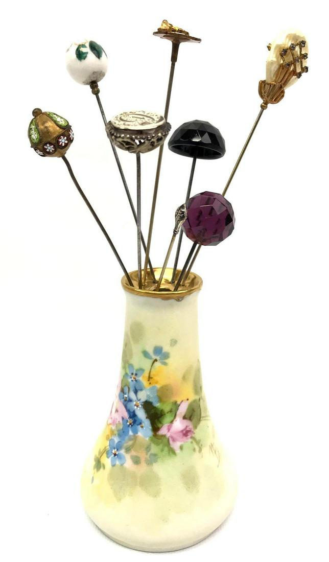 Handpainted Bavarian Hatpin Holder + 8 Hatpins -: Handpainted Bavarian Hatpin Holder + 8 Hatpins - Faceted Glass, Porcelain, Pearl, Mosaic, and Service Club. A varied assortment of vintage-antique hatpins, Longest shaft measures 8 inches; shortest me