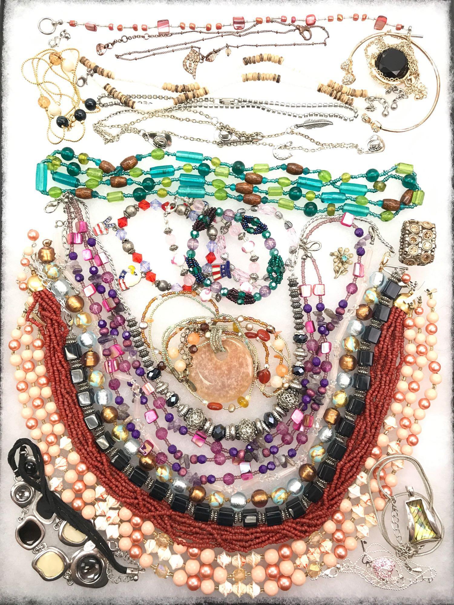 Rainbow Collection: Beaded Necklaces and Bracelets: A beautiful array of colors and shapes - from the lightest palest pinks to strong and vibrant turquoise and lime green shades. Lot includes both necklaces and coordinating bracelets