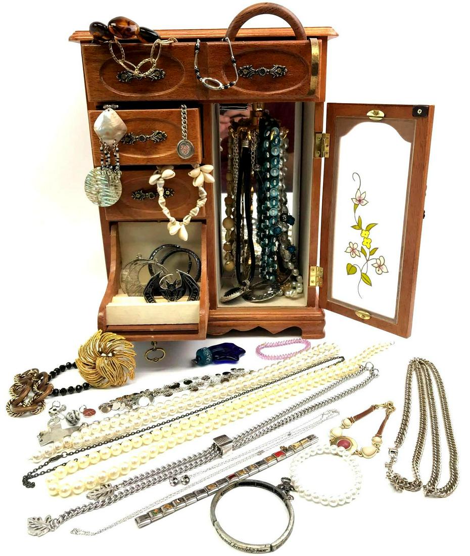 Wooden Jewelry "Armoire" and Contents: A vintage collection of beaded necklaces, bracelets, (and bats) ... are included within this lot's wooden jewelry "armoire"