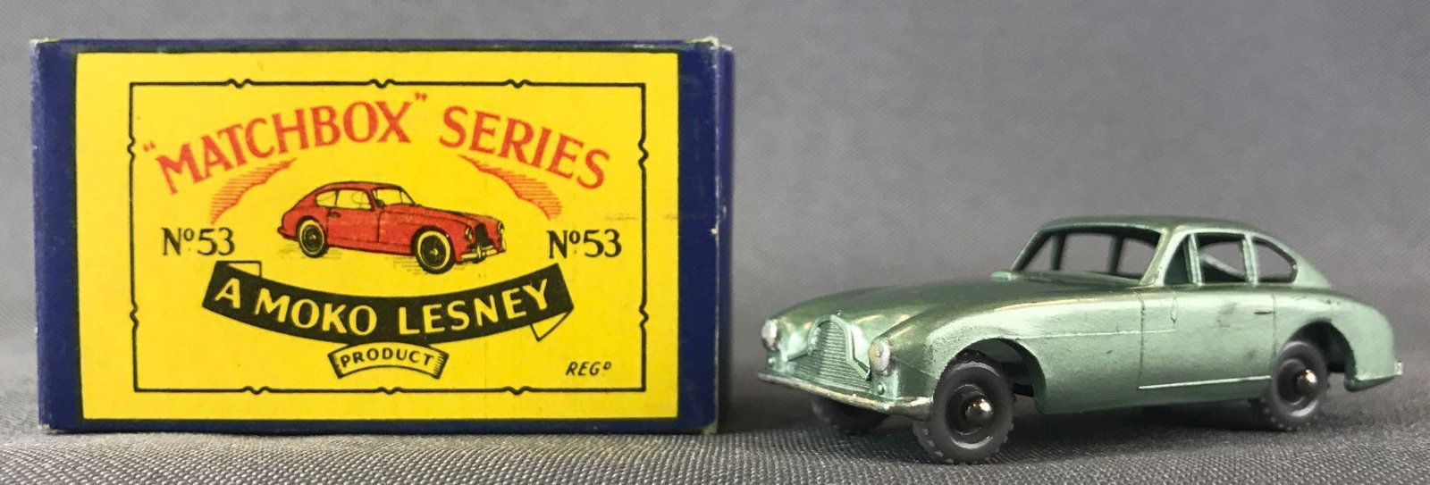 Matchbox No. 53 Aston Martin Die-Cast Vehicle with: Mint green body, GPW. A Moko Lesney Product. Made in England, B BoxÊ