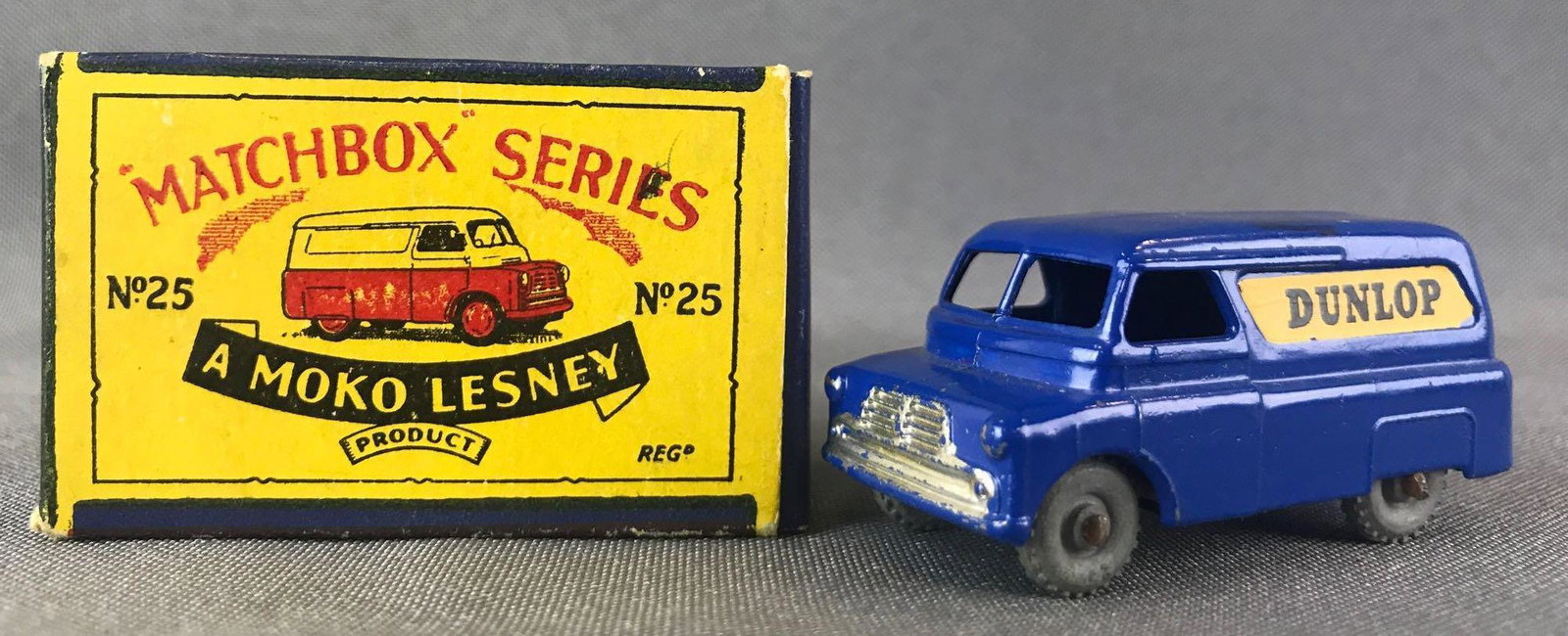 Matchbox No. 25 Bedford Van Die-Cast Vehicle with: Blue body, metal wheels, Dunlop decals. A Moko Lesney Product. Made in England, B Box