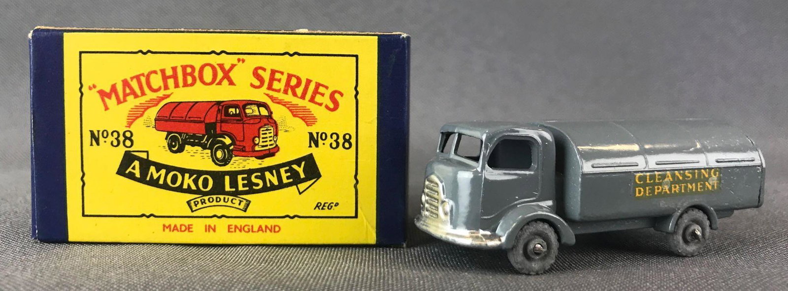 Matchbox No. 38 Karrier Refuse Collector Die-Cast: Gray body, metal wheels, Cleansing Department decals. A Moko Lesney Product. Made in England, B Box