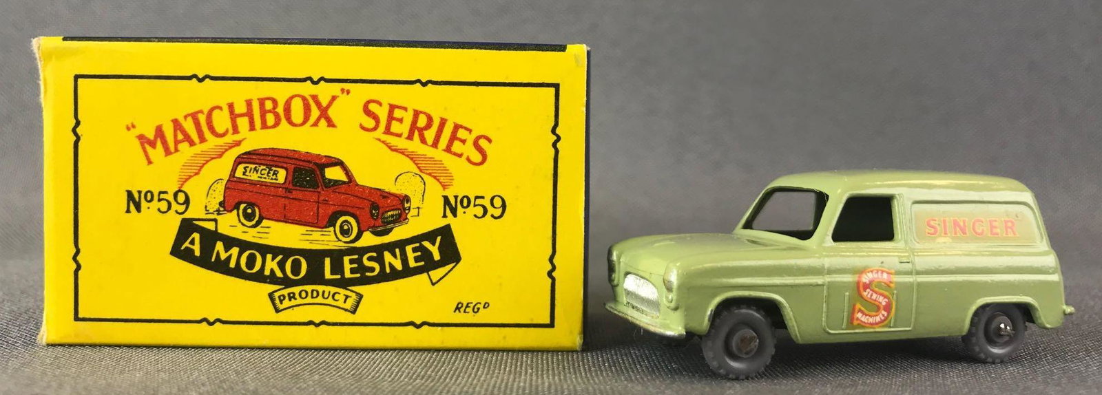 Matchbox No. 59 Ford Thames Van Die-Cast Vehicle with: Green body, GPW, Singer decals. A Moko Lesney Product. Made in England, B Box