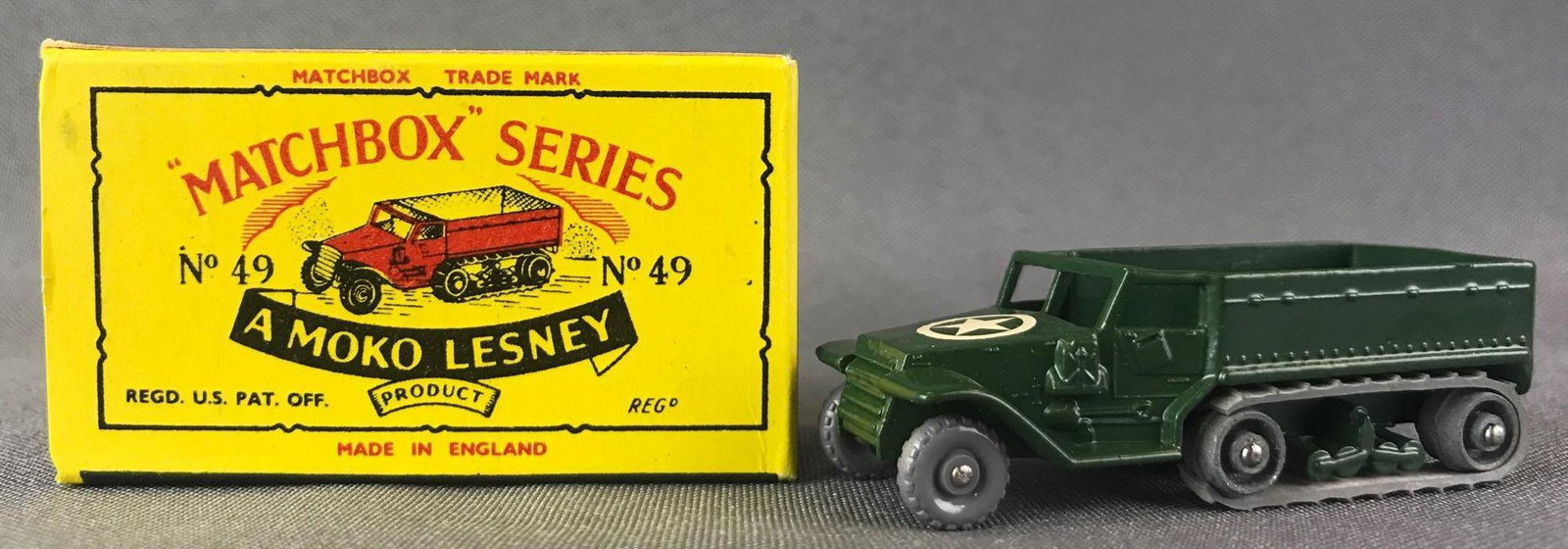 Matchbox No.49 Army Half Track MK III Die-Cast Vehicle: Green body, GPW, star decal. Gray plastic track dry and cracking. A Moko Lesney Product. Made in England, B Box
