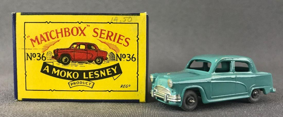 Matchbox No. 36 Austin A50 Die-Cast Vehicle with: Turquoise body, metal wheels. A Moko Lesney Product. Made in England, B Box