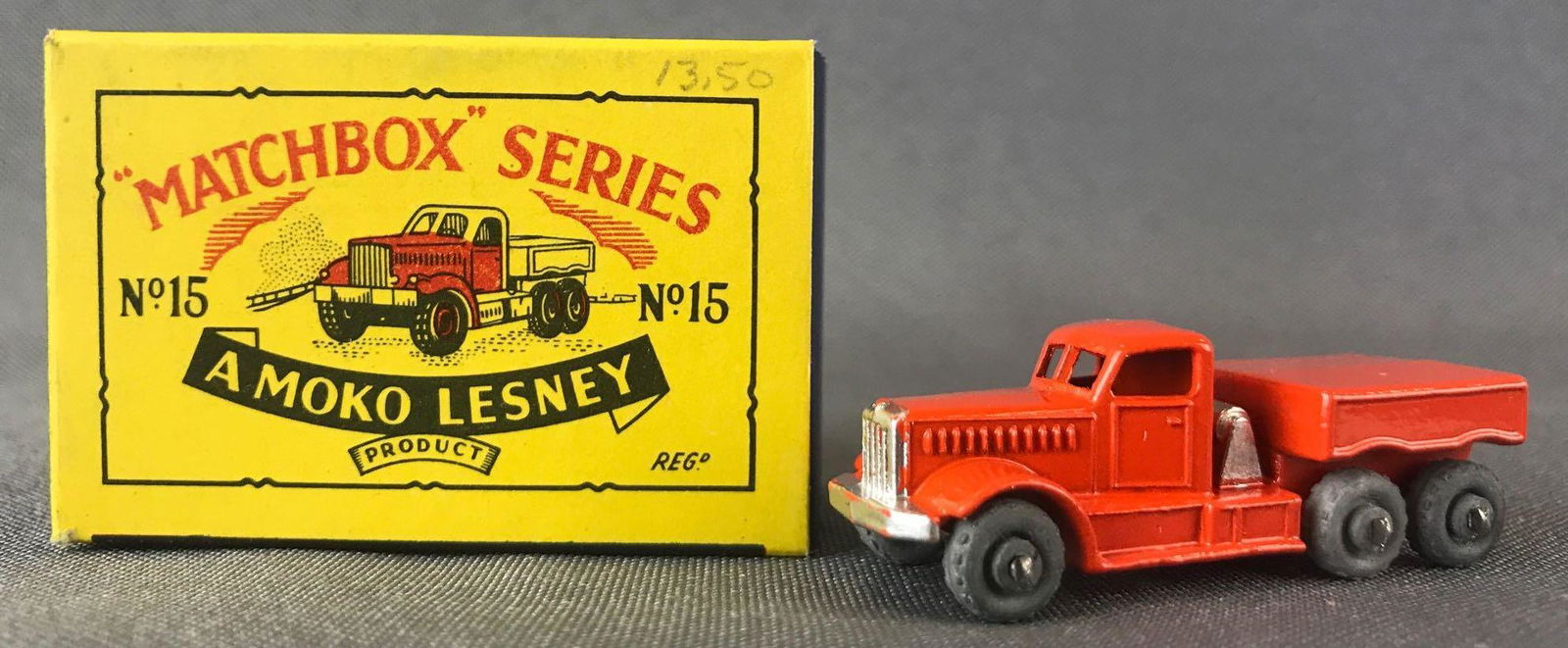 Matchbox No. 15 Atlantic Prime Mover Die-Cast Vehicle: Orange body, metal wheels. A Moko Lesney Product. Made in England, B Box