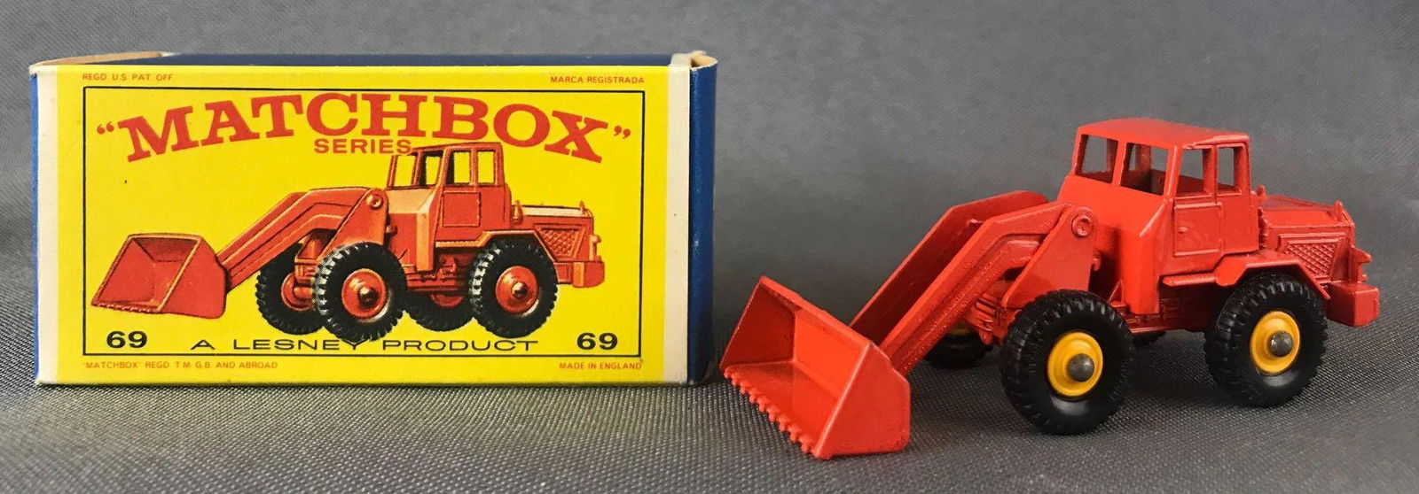 Matchbox No. 69 Hatra Tractor Shovel Die-Cast Vehicle: Orange body, BPW. A Lesney Product. Made in England, E BoxÊ