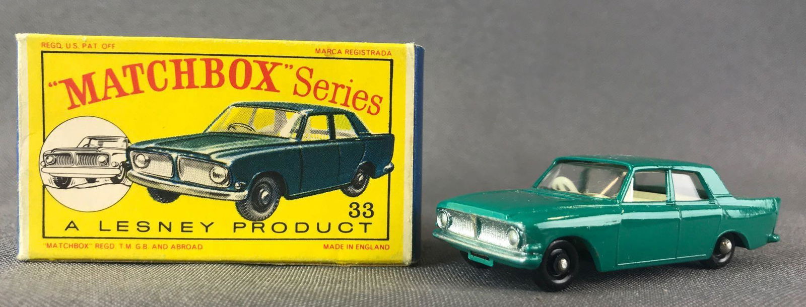 Matchbox No. 33 Ford Zephyr III Die-Cast Vehicle with: Turquoise body, BPW. A Lesney Product. Made in England, D BoxÊ