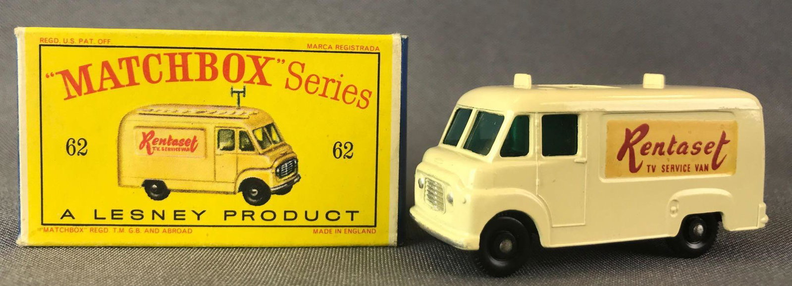 Matchbox No. 62 T.V. Service Van Die-Cast Vehicle with: Cream body, blue/green windows, BPW, Rentaset TV Service Van decals. A Lesney Product. Made in England, D Box