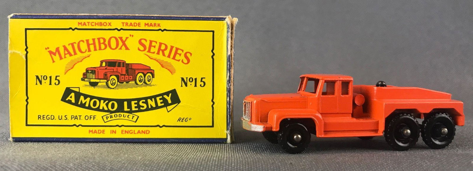 Matchbox No.15 Atlantic Prime Mover Die-Cast Vehicle: Rotinoff Super Atlantic Tractor. Orange body, BPW. Some box damage. A Moko Lesney Product. Made in England, B BoxÊ